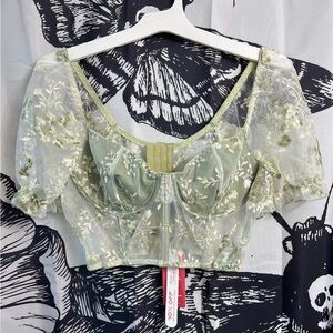 Fairycore Plus Floral
Embroidery Puff Sleeve Bustier Crop Lace Top